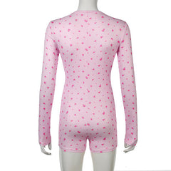 Long sleeve crewneck button flower print romper