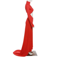 Hollow out solid long sleeve high neck zip-up maxi dress | red tango dress