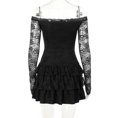 Long sleeve off shoulder lace ruffle mini dress