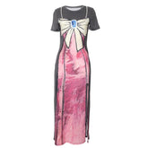 Short sleeve body print high slit maxi dress