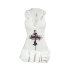 V neck hoodie ruched cross print mini dress