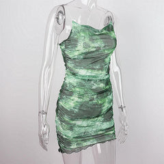Sheer mesh tie dye print spaghetti strap cowl neck cami dress | samba dress