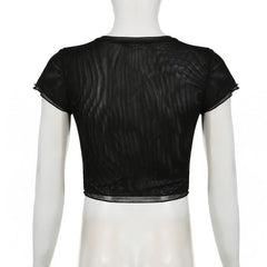 Short sleeve sheer mesh ruffle crop top