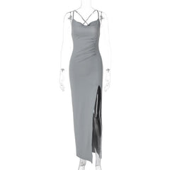 Cowl neck slit ruched cross back midi dress