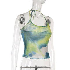 Halter sheer mesh tie dye backless top