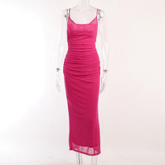 Mesh ruched slit square neck solid backless cami midi dress | red tango dress
