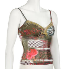 Bowknot v neck print mesh lace cami top