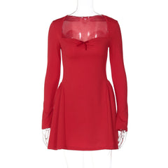 Long sleeve bowknot solid ruched mini dress | red tango dress