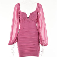 Mesh solid long sleeve ruched notch neck zip-up mini dress | red tango dress