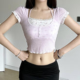 Short sleeve halter patchwork ribbed crop top