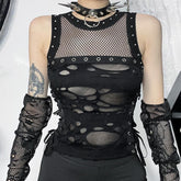 Crewneck fishnet buckle hollow out lace up tank cut out top
