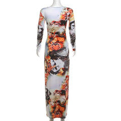 Long sleeve crewneck print ruffle contrast maxi dress