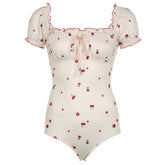Short puff sleeve knotted ruched cherry print bodysuit