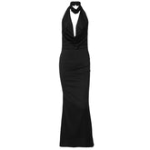 Halter cowl neck button ruched satin backless maxi dress