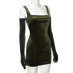 Velvet sleeveless gloves solid square neck mini dress | red tango dress