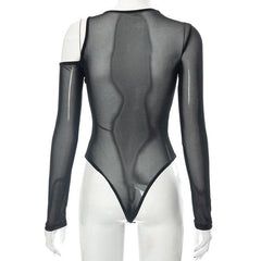 Long sleeve off shoulder irregular sheer mesh bodysuit