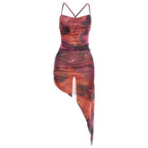 Sheer mesh cross back ruched print irregular cami midi dress | samba dress