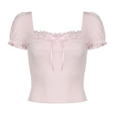 Short puff sleeve ribbed bowknot ruffle top