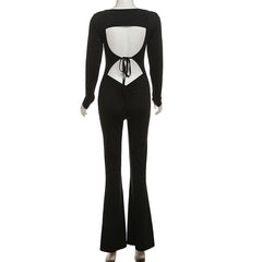 Long sleeve u neck backless self tie solid jumpsuit