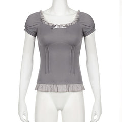 Short puff sleeve stitch ruffle bowknot top