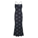 Print cross back backless cami maxi dress | black rave dress