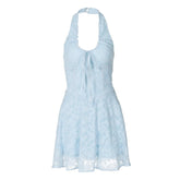 Halter textured knotted ruched button mini dress