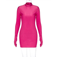 High neck long sleeve gloves solid mini dress | red tango dress
