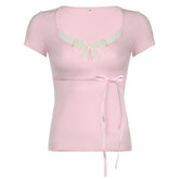 Short sleeve u neck bowknot lace hem top