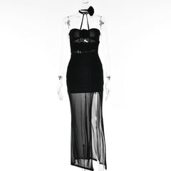 Flower applique sheer mesh hollow out solid backless zip-up slit tube midi dress | samba dress