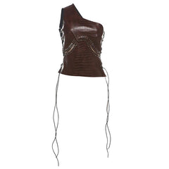 One shoulder PU leather lace up hollow out irregular top