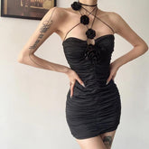 Appliques solid ruched string dress