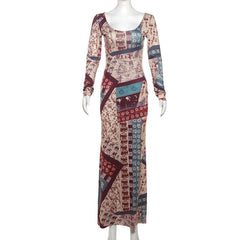 Long sleeve abstract print maxi dress