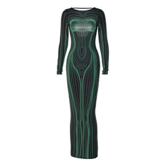 Long sleeve round neck contrast abstract print maxi dress