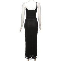 U neck backless rose print mesh cami maxi dress