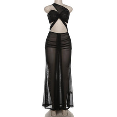 One shoulder mesh hollow out maxi dress