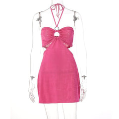 Hollow out solid o ring halter self tie backless mini dress | red tango dress