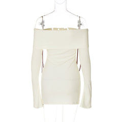 Off shoulder long flared sleeve bowknot ribbed mini dress