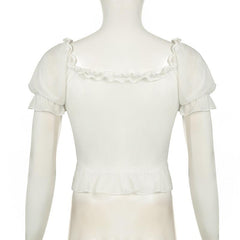 Short puff sleeve ruffle ruched knotted crop top