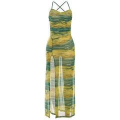 Sheer mesh contrast high slit ruched knotted cami maxi dress | samba dress