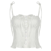 Ruched lace hem button bowknot ribbon cami top