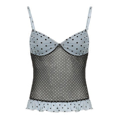 Ruffle polka dot mesh low cut contrast cami top