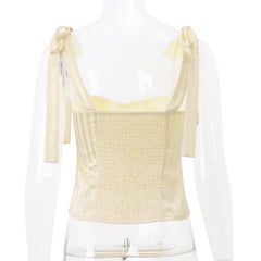 Striped smocked bowknot ribbon cami top