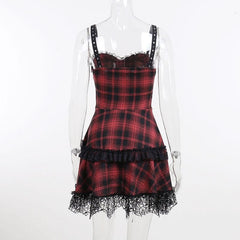 Zip-up lace hem lace up plaid backless mini dress | red tango dress