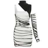 High neck gloves irregular hollow out contrast mini dress
