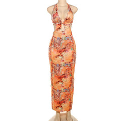 Halter self tie deep V neck print backless maxi dress
