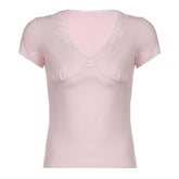 Short sleeve v neck ruched lace hem top