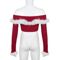 Off shoulder long sleeve fluffy knitted crop top