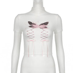 Short sleeve high neck butterfly print bowknot crop top