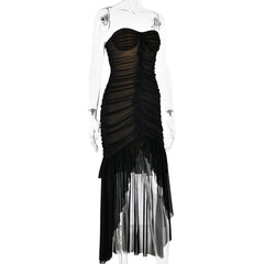 Sweetheart neck ruched ruffle tube midi dress