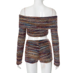Off shoulder long sleeve contrast knitted short pant set
